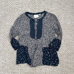 Maeve Anthropologie Navy Blue Floral Boho Mixed Print Lace Bib Ruffle Blouse 8
